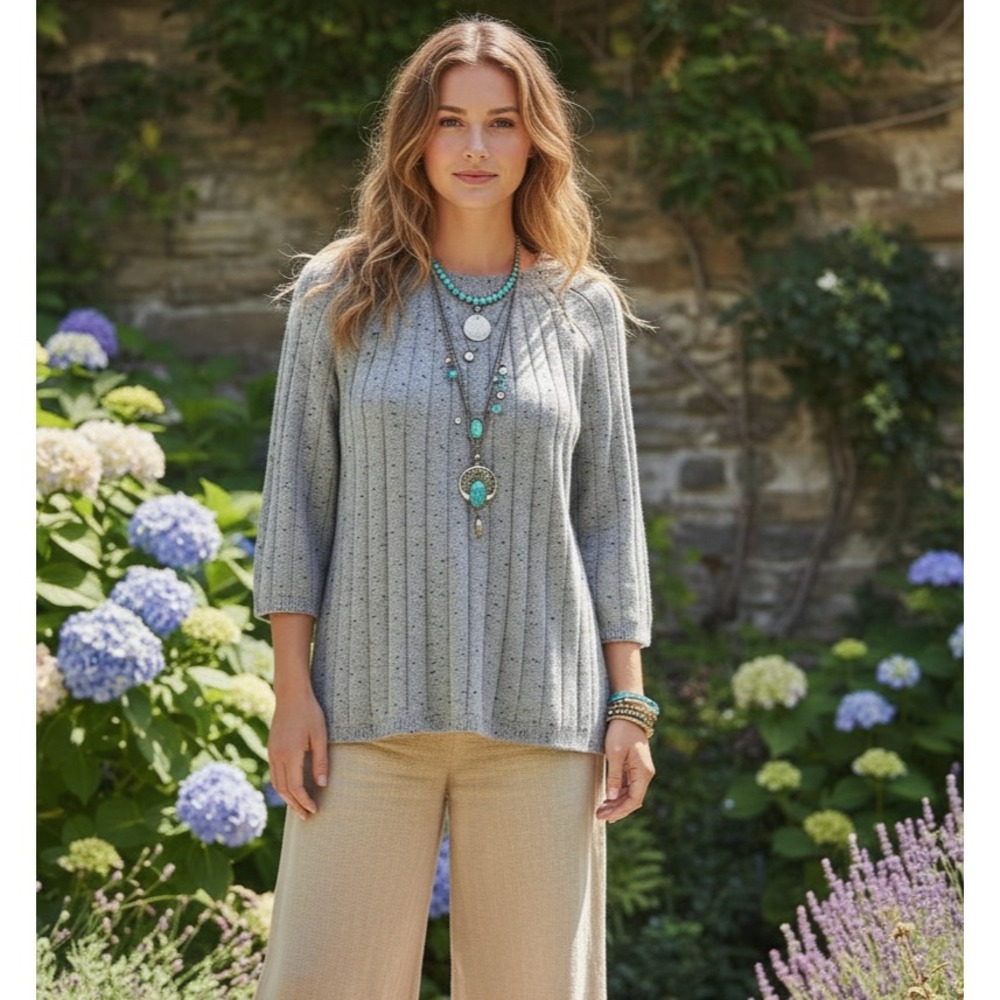 Loft XS Sweater Gray Flecked Swing Tunic Bell‎ Sleeve Cottage Boho Comfy Office
